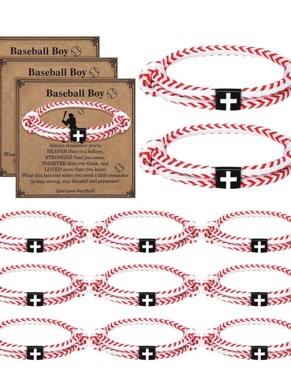 Baseball motivational bracelets Woven Cord Bracelet with Cross Accent pk of 6 - Picture 4 of 6